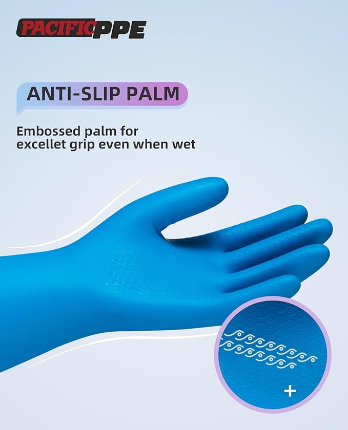 PACIFIC Cleaning Gloves with Latex free, Dishwashing Kitchen Gloves with Cotton Flocked Liner, Reusable, Non-Slip, Water Resistant Household Gloves, Blue, Large