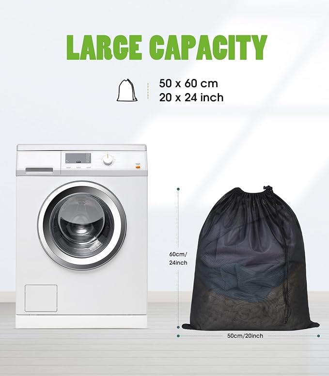 OTraki 20x24 inch Mesh Laundry Bags 2 Pack Fine Mesh Heavy Duty Drawstring Bag Washable Medium Toy Sack Washing Bag for Home Dorm Hotel Camp Beach Travel Storage Black