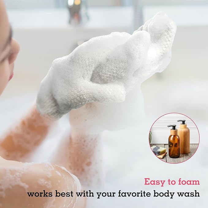 Evridwear Exfoliating Gloves for Shower, 100% Nylon Thick Soft Medium Heavy Bathing Gloves Dead Skin Remover Body Scrubber Smooth Skin with Hang Loop, 2 Pairs Light White