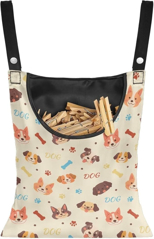 Clothes Pin Hanging Bag with Hanging Rope 14.5 X 12 Inch Clothespin Bag for Clothes Pins and Clothespins Heavy Duty Outdoor Use - Dog