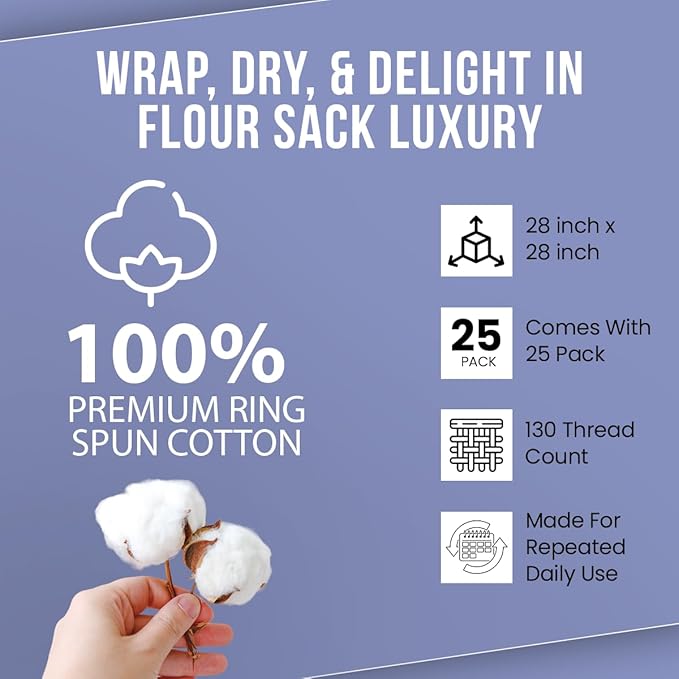 Flour Sack Towels| TeaTowel for Crafts| Kitchen Dish Cotton Blank Towel for Embroidery|Baking Bread Proofing Linen Cover| Thick Absorbent Quick Dry| 24 Pack 28"x28" White