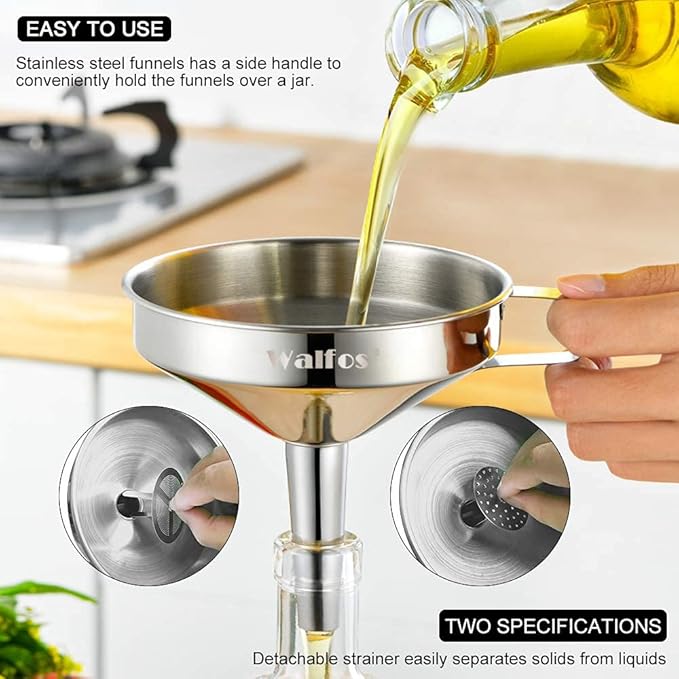 Stainless Steel Funnel, Walfos 3 Pack Kitchen Funnel with 2 Removable Strainer ＆ 1Pcs Cleaning Brush, Perfect for Transferring of Liquid, Oils, Jam, Dry Ingredients & Powder