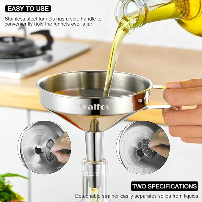 Stainless Steel Funnel, Walfos 6 Different Sizes of Kitchen funnels with 2 Removable Strainer ＆ 1Pcs Cleaning Brush, 200 Mesh Food Filter Strainer,for Transferring of Liquid, Oils, Jam, Powder