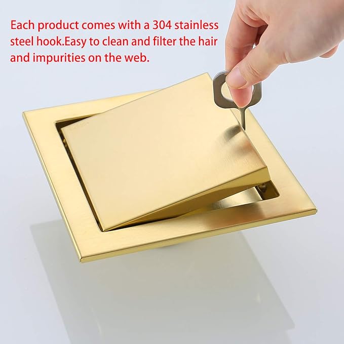 RANDOM Brushed Gold Shower Drain Square 6 inch SUS304 Stainless Steel Shower Floor Drain with Hair Strainer Tile Insert Shower Drain Cover