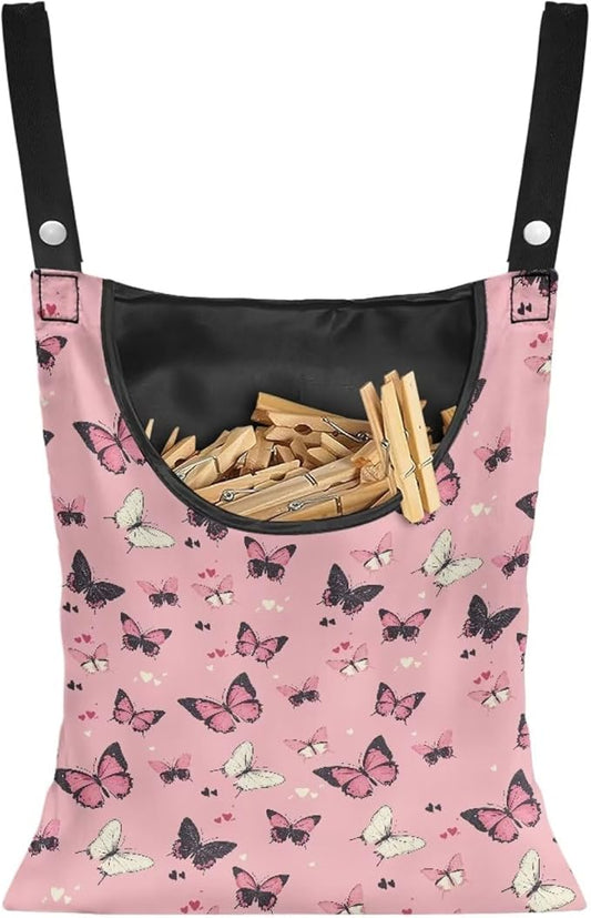 Butterfly Print Clothes Pin Hanging Bag, Stylish Clothespin Bag with Hanging Rope, Clothespin Organizer