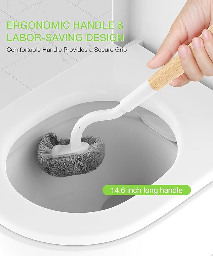 Bamboo Toilet Brush Set, 2 Pack with Ergonomic Design, Compact Size, Durable Bristles, Wooden Holder for Bathroom Cleaning