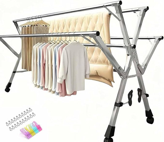 5Poles Clothes Drying Rack,Stainless Steel Laundry Rack with Wheels, Blanket Rack Clothesline, Extendable,with Windproof Hooks,for Indoor Outdoor