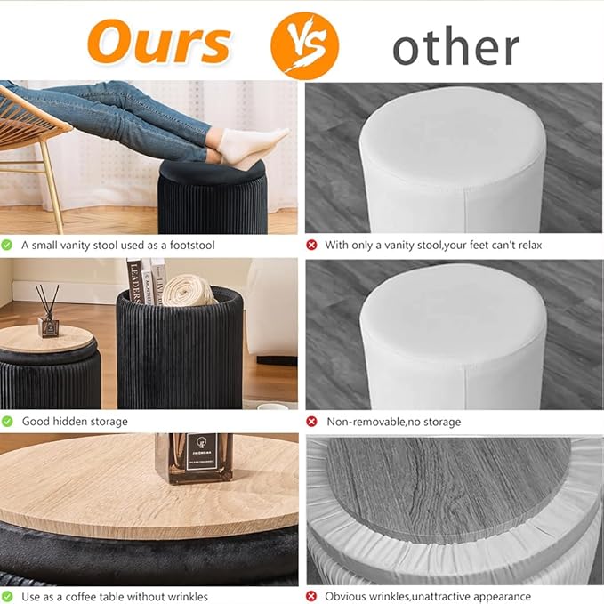Round Set of 2 Ottoman with Storage-Upholstered Velvet Vanity Stool for Makeup Multifunctional Ottomans Coffee Table Padded Seat Foot Rest for Living Room&Bedroom (Black)