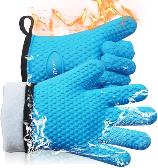 Kitchen Oven Gloves - Dual-Layer Heat Resistant Grilling Gloves, Silicone Oven Mitts with 5 Fingers, Waterproof Non-Slip Pot Holder for Barbecue, Cooking, Baking (Small, Blue)