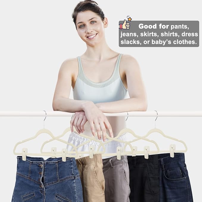 Beige Velvet Hangers Clips (80-Pack), Non-Slip Strong Velvet Clips for Velvet Skirt Hangers, Velvet Pants Hanger Velvet Clips Fit for Thin Velvet Clothes Suit Hangers