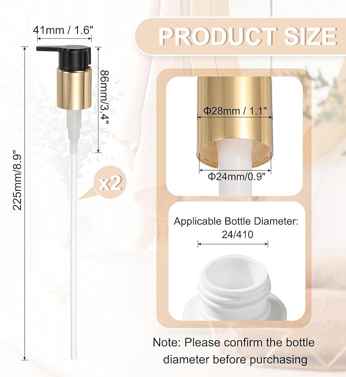 uxcell 2 Pcs Soap Dispenser Pump Heads, Hand Soap Dispensers Top Pumps Replacement Clip-on Pumphead for Standard 24/410 Neck Size Bathroom Lotion Shampoo Bottle, Gold Black