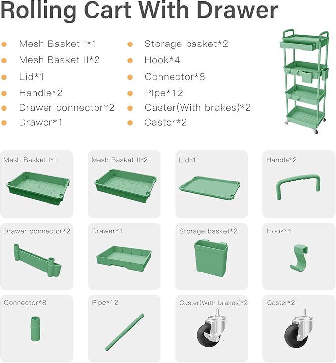 4 Tier Rolling Cart Organizer,Art Craft Diaper Bedside Snack Laundry Room Bathroom Organizer Narrow Thin Slim Rolling Trolley Utility Cart with Wheels for Kitchen,Office(Green)