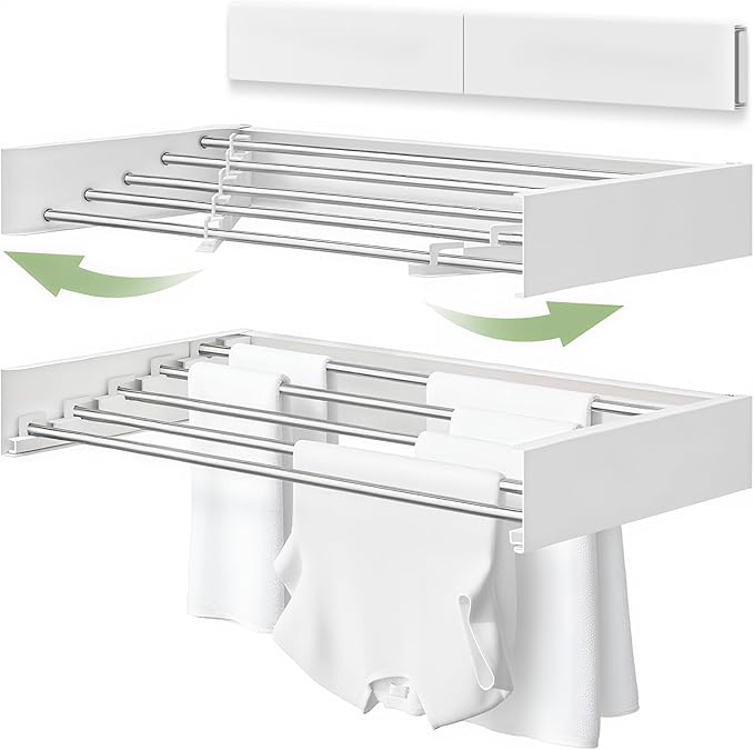 Wall Mounted Clothes Drying Rack, 5 Aluminum Rods, Collapsible, White, 32 inches (White, 32'')