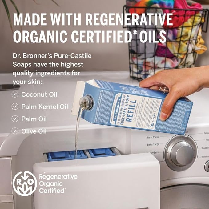 Dr. Bronner's Pure-Castile Liquid Soap Refill - Made with Regenerative Organic Certified Oils, 86% Less Plastic - 18-in-1 Uses, For Face, Body Wash, Hand Soap Refill & More - Baby Unscented, 32oz