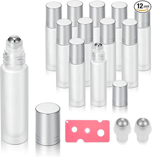 12 Pack Essential Oil Roller Bottles,10ml 0.34oz Empty Frosted Glass Roller Bottles with Stainless Steel Roller Balls and Caps Refillable Container for Perfume Roll on Bottles (12 Pack Silver Caps)