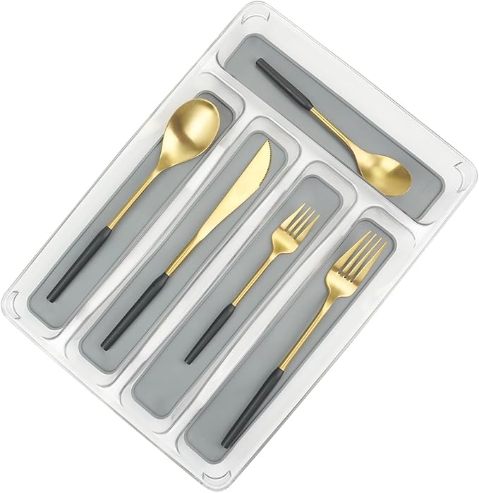 5 Compartments Silverware Tray for Drawer, Plastic Utensil Cutlery Drawer Organizer w/Grip Lining (Clear&Grey)