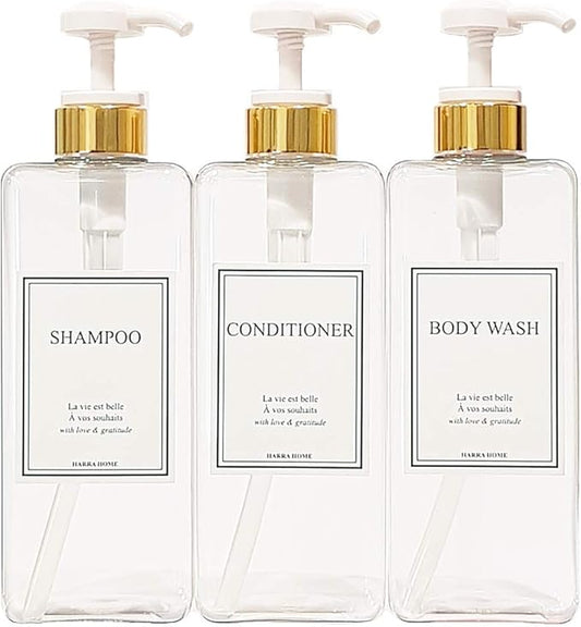Modern Gold Design Large 27 oz Shampoo and Conditioner Dispensers - Empty Plastic Refillable Pump Bottle Set for Bathroom Shower Soap Dispenser, Set of 3 (Clear & White)