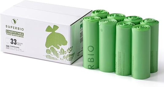 SUPERBIO 33 Gallon Compostable Yard Waste Bags, Lawn & Leaf Bags, Extra Thick 1.57 Mil (120 Count Bulk), BPI and OK compost INDUSTRIAL