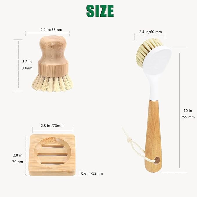 Natural Bristle Dish Brush Set, 1 Wooden Dish Brush and 1 Bamboo Dish Brush with 1 Bamboo Drainer Tray, All Circle Kitchen Scrub Brush for Dishes