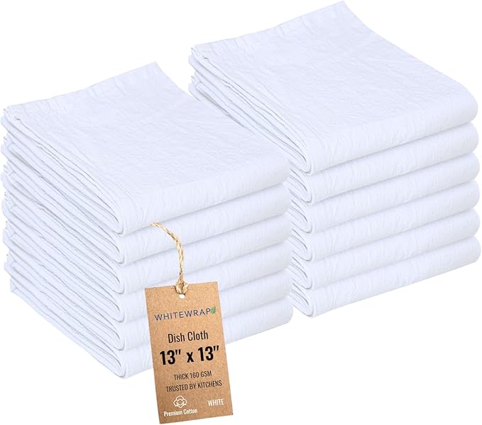 Dish Cloths Cotton| Kitchen Wash Cloth| Shop Towels Absorbent and Lint Free Flour Sack| Dishcloths for Kitchen Washing Dishes|Thick Absorbent Quick Dry Dish Rags | 12 Pack 13"x13" White