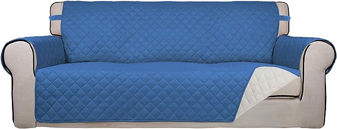 PureFit Reversible Quilted Sofa Cover, Water Resistant Slipcover Furniture Protector, Washable Couch Cover with Non Slip and Elastic Straps for Kids, Dogs, Pets (Sofa, Blue/Ivory)