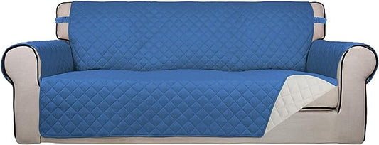 PureFit Reversible Quilted Sofa Cover, Water Resistant Slipcover Furniture Protector, Washable Couch Cover with Non Slip and Elastic Straps for Kids, Dogs, Pets (Sofa, Blue/Ivory)