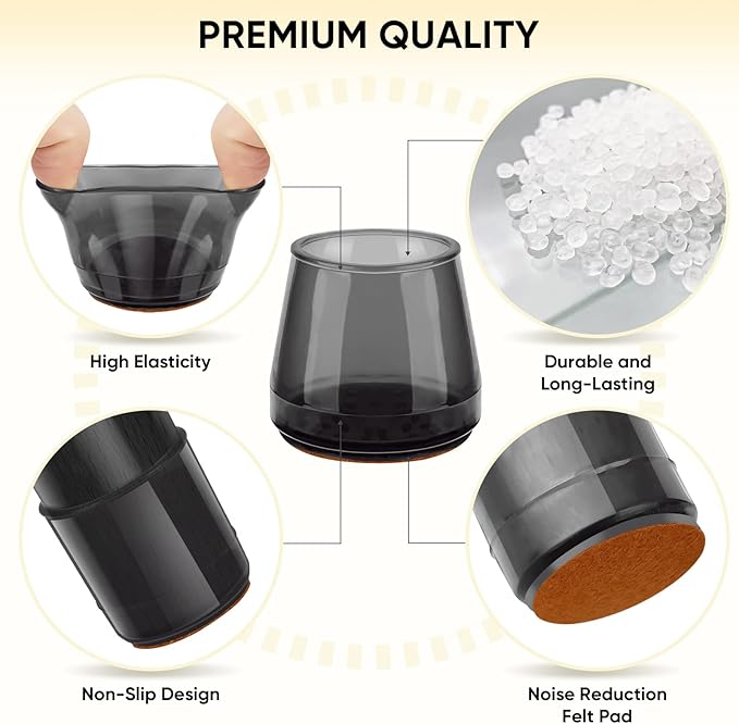 BALEINE 32 Pack Silicone Chair Leg Floor Protectors, Stool Leg Protectors Cap, Non-Slip Chair Leg Caps for Hardwood Floors (Black & Large, 32 Pack)