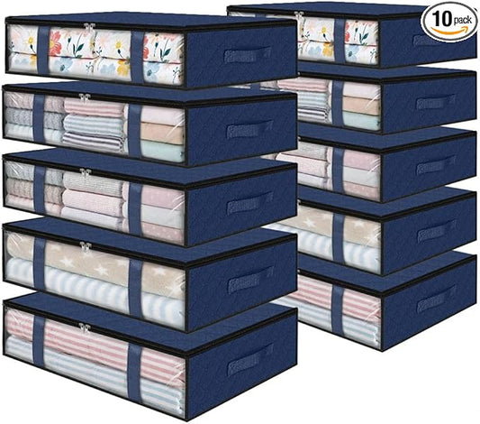 StorageRight Under Bed Storage Bins, 10-Pack 40L Foldable Fabric Storage Bags with Transparent Window, Breathable Organizer for Clothes/Blanket/Comforter/Quilt, Blue