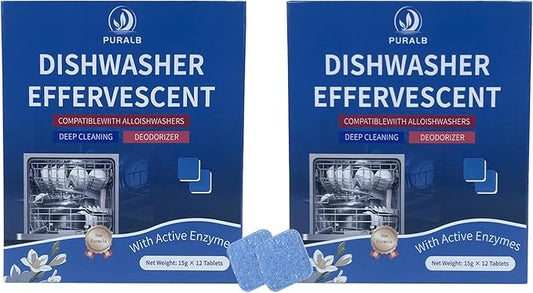 Dishwasher Cleaner Tablets - 24 Tabs (2x12 Pack), 1-Year Supply Heavy Duty Deodorizer Tabs for Deep Cleaning, Descaler Pods Remove Limescale & Grease, Septic Safe for All Dishwasher Brands - Puralb