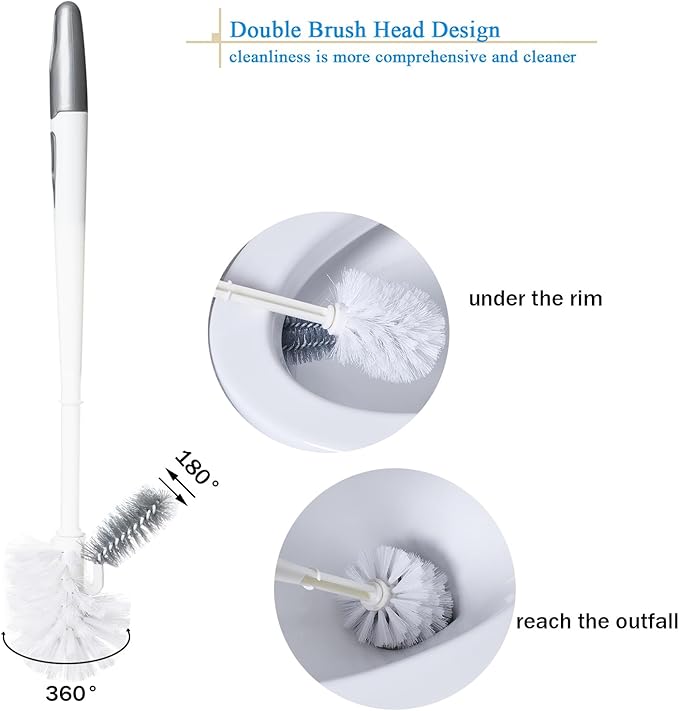 2 Pack Toilet Bowl Brush Without Holder for Bathroom, Under-Rim Double Brush Head, Long Handle Household Cleaning Brushes Set (2 Pack Grey Brush Without Holder)