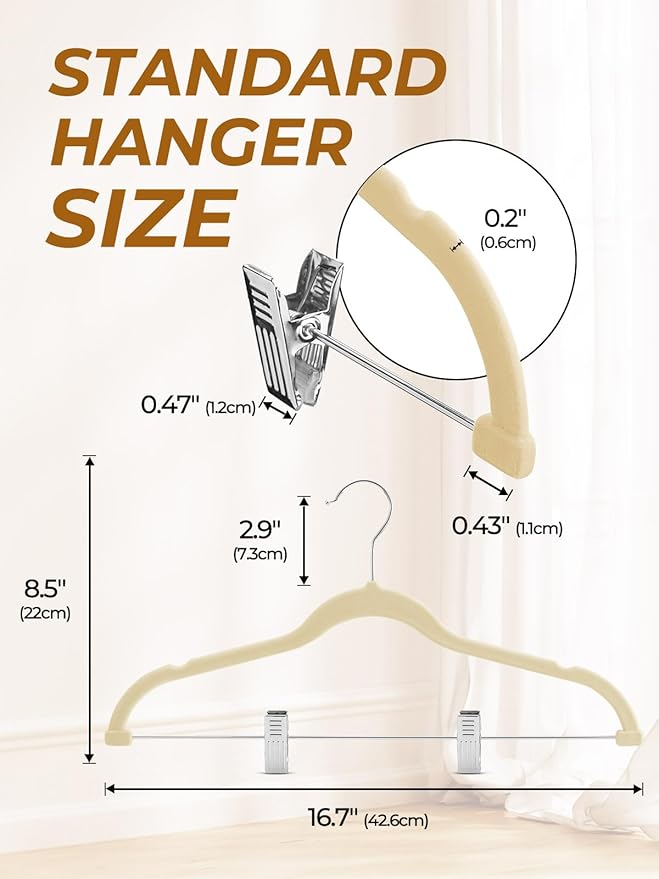 HOUSE DAY Velvet Skirt Hangers 36 Pack, Beige Velvet Pant Hangers with Adjustable Clips, Space Saving Slim Shorts Hanger, Heavy Duty Non Slip Clip Hanger for Pants, Skirts, Shorts