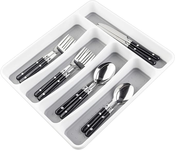 LeMuna Silverware Tray for Drawer, Plastic Cutlery Tray Kitchen Drawer Organizer, 5 Compartment Flatware Cutlery Organizer, Soft-Grip Lining and Non-Slip Rubber Feet