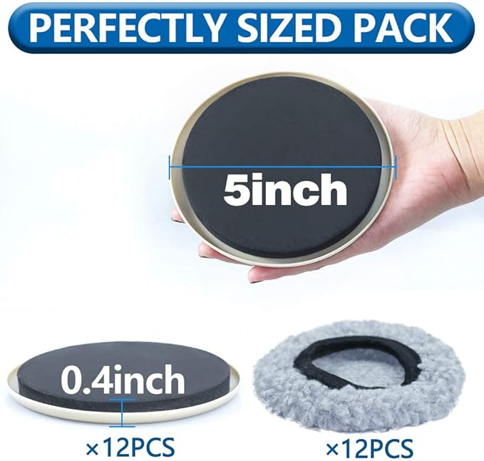 Furniture Sliders,Multi-Surface 2-in-1 Furniture Moving Pads for Carper & Hardwood Floors - 12 Pack 5" Carpet Sliders and 12 Hardwood Socks - Protect Floors & Carpet and Easier to Move