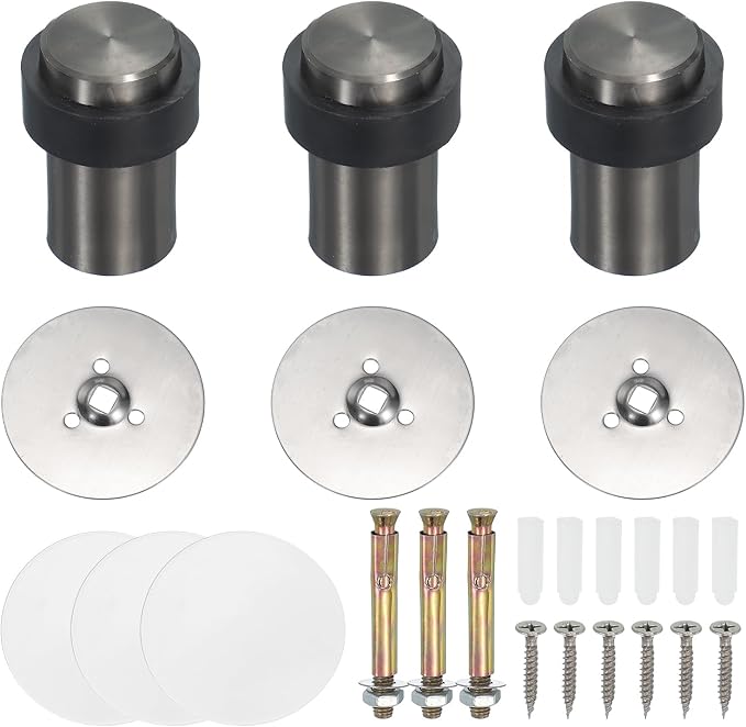 PATIKIL 3Set Round Door Stoppers, 60mm Stainless Steel Door Stop Doorstop Wedge Metal Cylinder Self Adhesive with Screw for Bottom of Door Floor Inside, Copper Tone