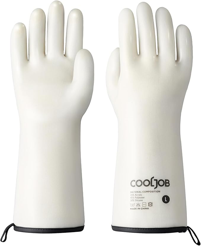COOLJOB Heat Resistant Oven Gloves, Waterproof Liquid Silicone BBQ Grilling Gloves for Barbecue, Kitchen Cleaning, Baking, Food Contact, White, Large