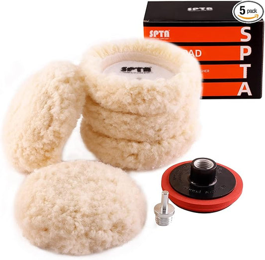 SPTA Wool Polishing Pad, 5Pcs 3"(75mm) 100% Natural Wool Buffing Pad with 1Pc Hook&Loop Backing Pad, 1Pc Extension Shank for Drill Polisher Cutting, Car Body Repair Buffing