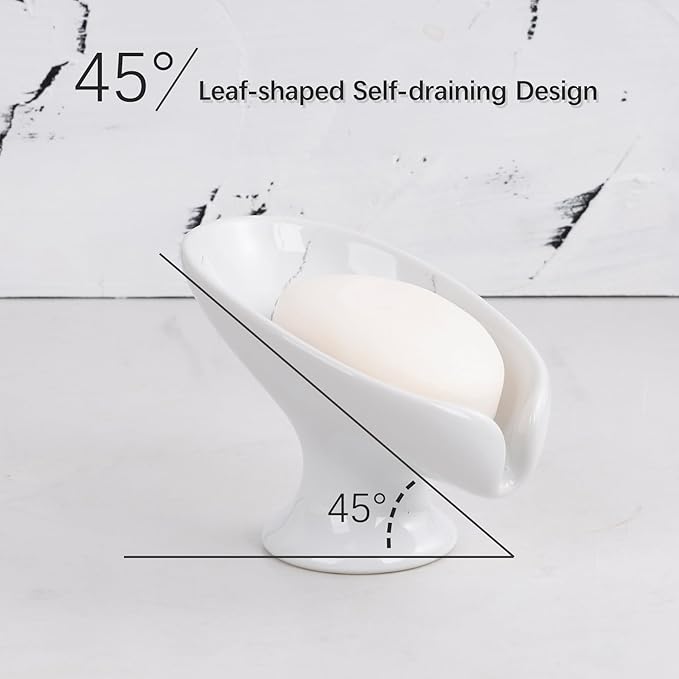 Soap Dish, Self Draining Bar Soap Holder for Bathroom Sink, Leaf Shaped Drainage Ceramic Marble Porcelain Decorative Soap Dish, No Suction Cup, ANTIS'S HOME