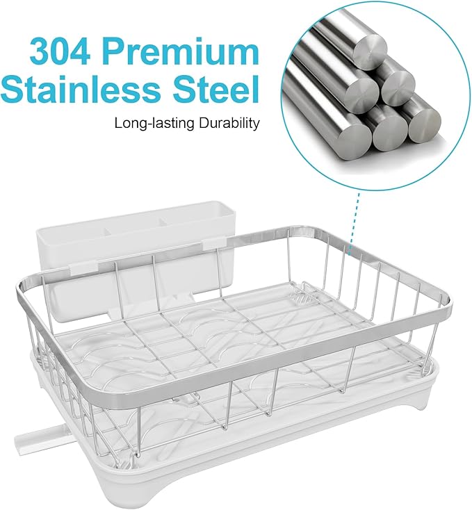 Dish Drying Rack 304 Stainless Steel Dish Racks,Adjustable Spout Auto-Draining Dish Drainers for Kitchen Counter, Large Capacity Dish Rack for Bowls, Cups, White