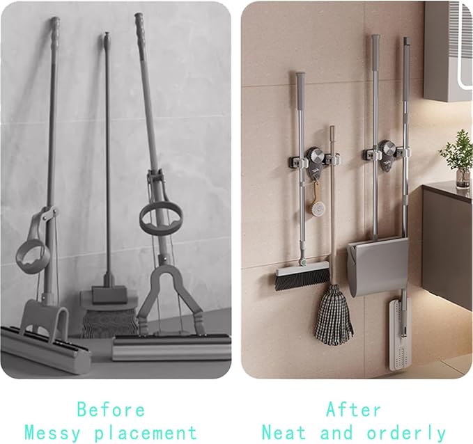 Mop and Broom Holder Wall Mount, No Punching Required Broom and Mop Organizer Wall Hanging with Hooks for Bathroom, Laundry Room, Garage, Kitchen,Garden Tool Organizer Storage (1pcs Transparent)
