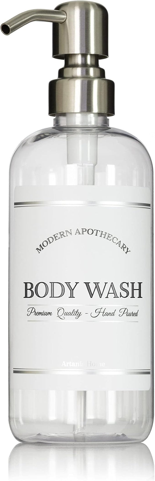 Refillable Clear PET Plastic 16 oz Body Wash Bottle with Stainless Steel Pump Dispenser - Chrome Accent Waterproof Labeled Bottle
