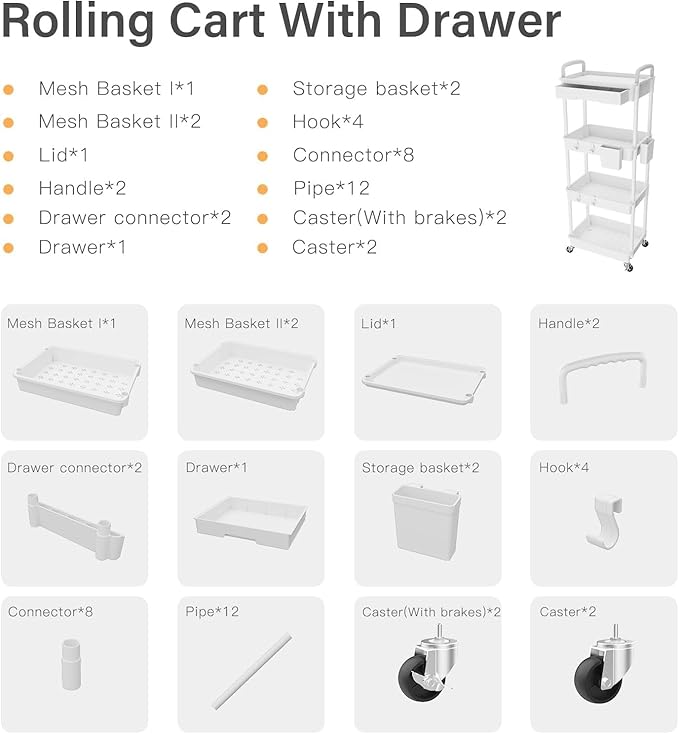 4 Tier Rolling Cart Organizer,Art Craft Diaper Bedside Snack Laundry Room Bathroom Organizer Narrow Thin Slim Rolling Trolley Utility Cart with Wheels for Kitchen,Office(White)