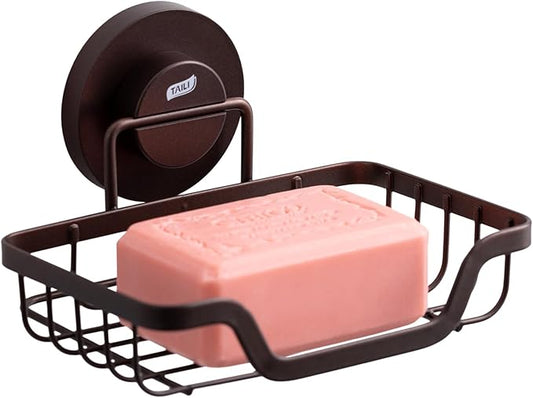 TAILI Soap Holder Bar Dish Suction Cup, Bar Shampoo Rack for Shower Wall, Draining Soap Saver Tray for Bathroom, Rustproof Stainless Steel Sponge Holder for Tub, Kitchen, Drill-Free, Brown