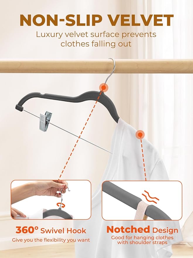 HOUSE DAY Velvet Skirt Hangers 12 Pack, Gray Velvet Pant Hangers with Adjustable Clips, Space Saving Slim Shorts Hanger, Heavy Duty Non Slip Clip Hanger for Pants, Skirts, Shorts