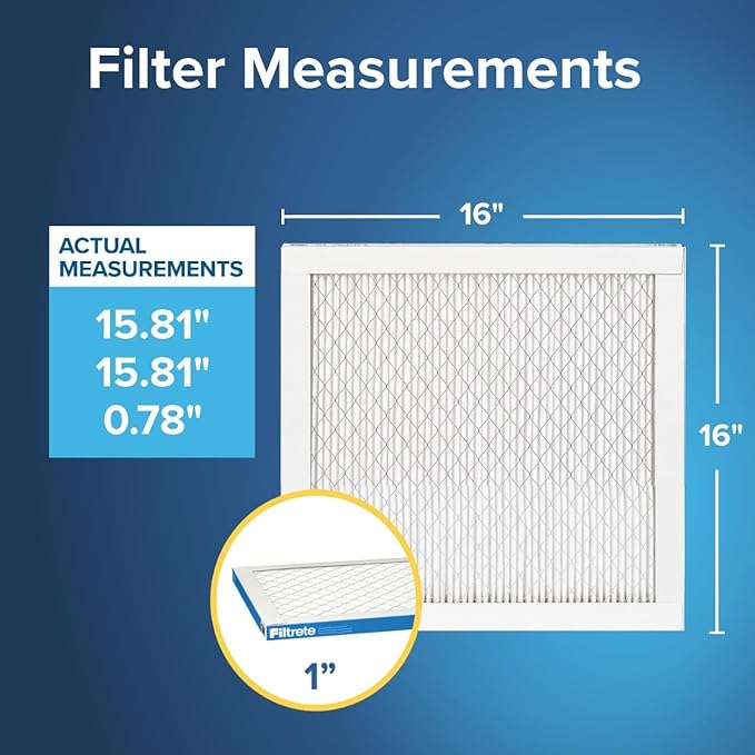 Filtrete 16x16x1 AC Furnace Air Filter, MERV 13, MPR 1900, Premium Allergen, Bacteria & Virus Filter, 3-Month Pleated 1-Inch Electrostatic Air Cleaning Filter, 6-Pack (Actual Size 15.81x15.81x0.78 in)