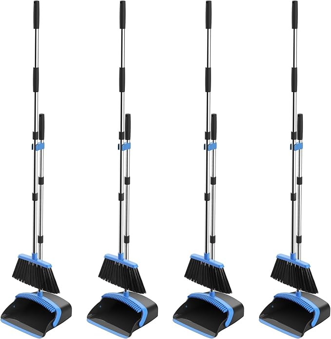 Broom and Dustpan Set, 52-in Long Adjustable Handle Broom Dustpan Combo with Dust pan Teeth to Automatically Clean Hair Suitable for Home Kitchen Office Hall Floor (Black&Blue), 4 Pack
