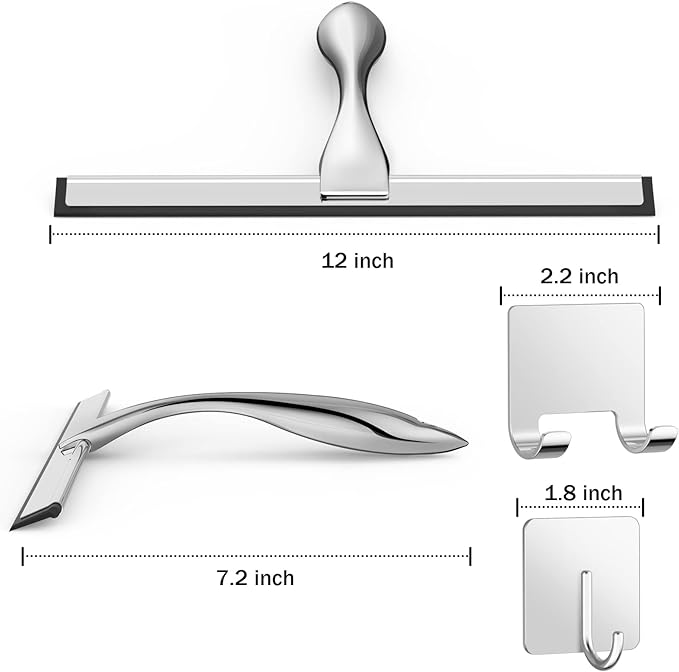 All-Purpose Stainless Steel Shower Squeegee for Shower Doors with 2 Adhesive Hooks, Bathroom Cleaner Tool Household Window Mirror Squeegee for Home Cleaning, Glass Door, Tile Wall, Car, 12 Inch Silver