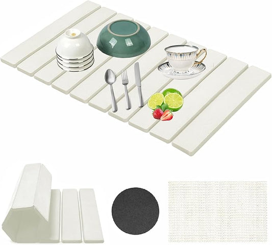 Stone Drying Mat for Kitchen Counter, Collapsible Dish Drying Mat, Fast Drying Diatomaceous Earth Dish Drying Mats, Water Absorbent Diatomite Kitchen Mat (white, medium)