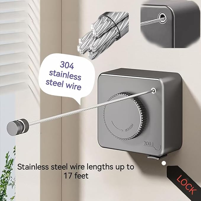Retractable Clothesline, Wall Mounted, Stainless Steel, 17 Ft Indoor Outdoor (Light Gray)