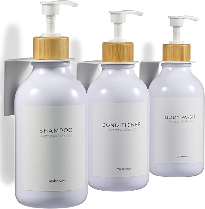 MaisoNovo Shampoo and Conditioner Dispenser - Shower Soap Dispenser Wall Mounted - 16.9 fl oz Set of 3 White Plastic Bottles Bamboo Pump - 3 Chamber No Drill