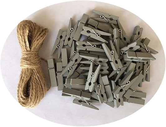 DurReus Wooden Clothespins for Pictures Travel Clothes Pin Home Decor Accessories with Jute Twine Gray Pack 50